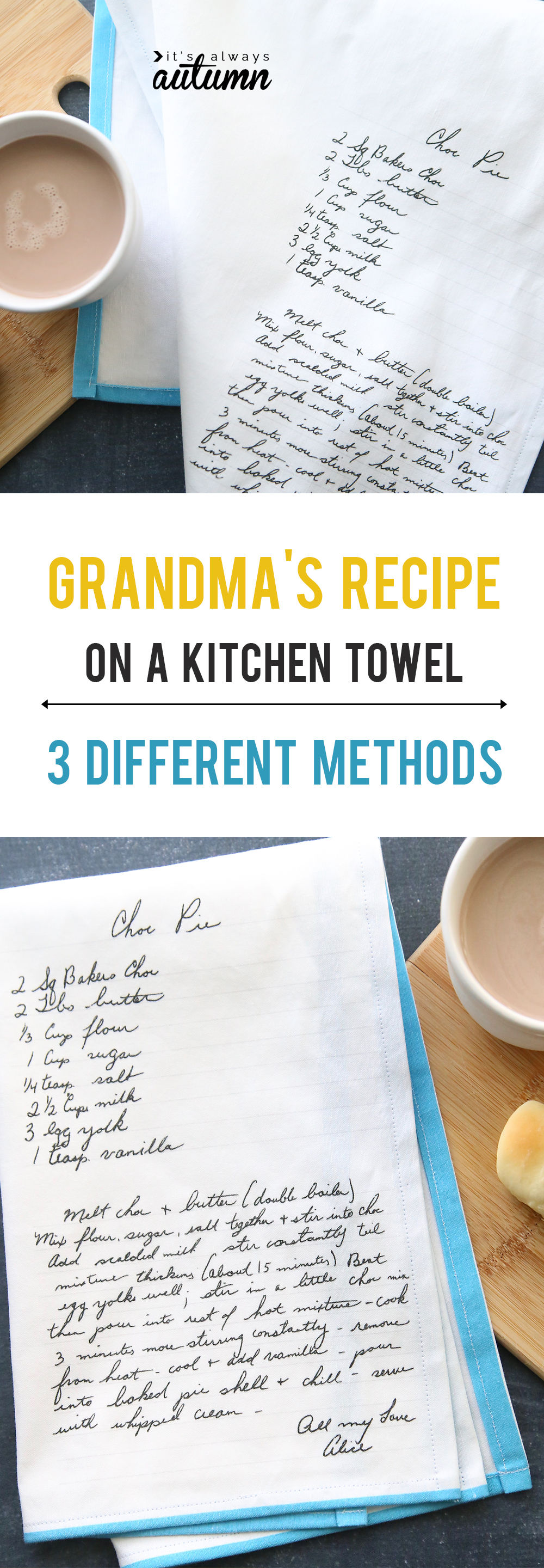 Kitchen tea towel with Grandma\'s recipe in her handwriting printed on it