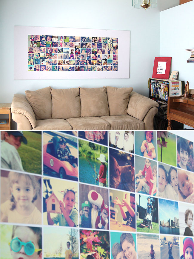 Large DIY bulletin board filled with photos above a couch