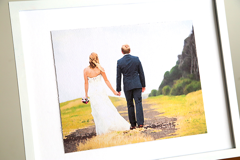 A wedding photo that\'s been made to look like a painting