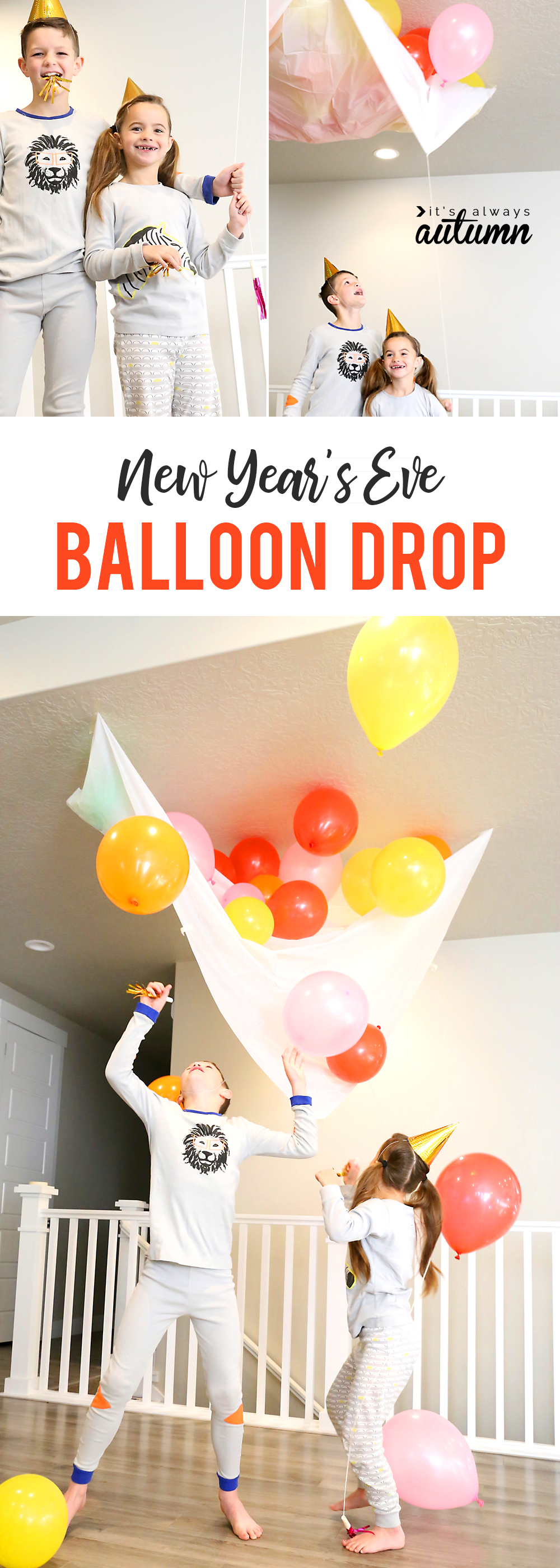 New Year\'s Eve balloon drop at home; kids playing with balloons