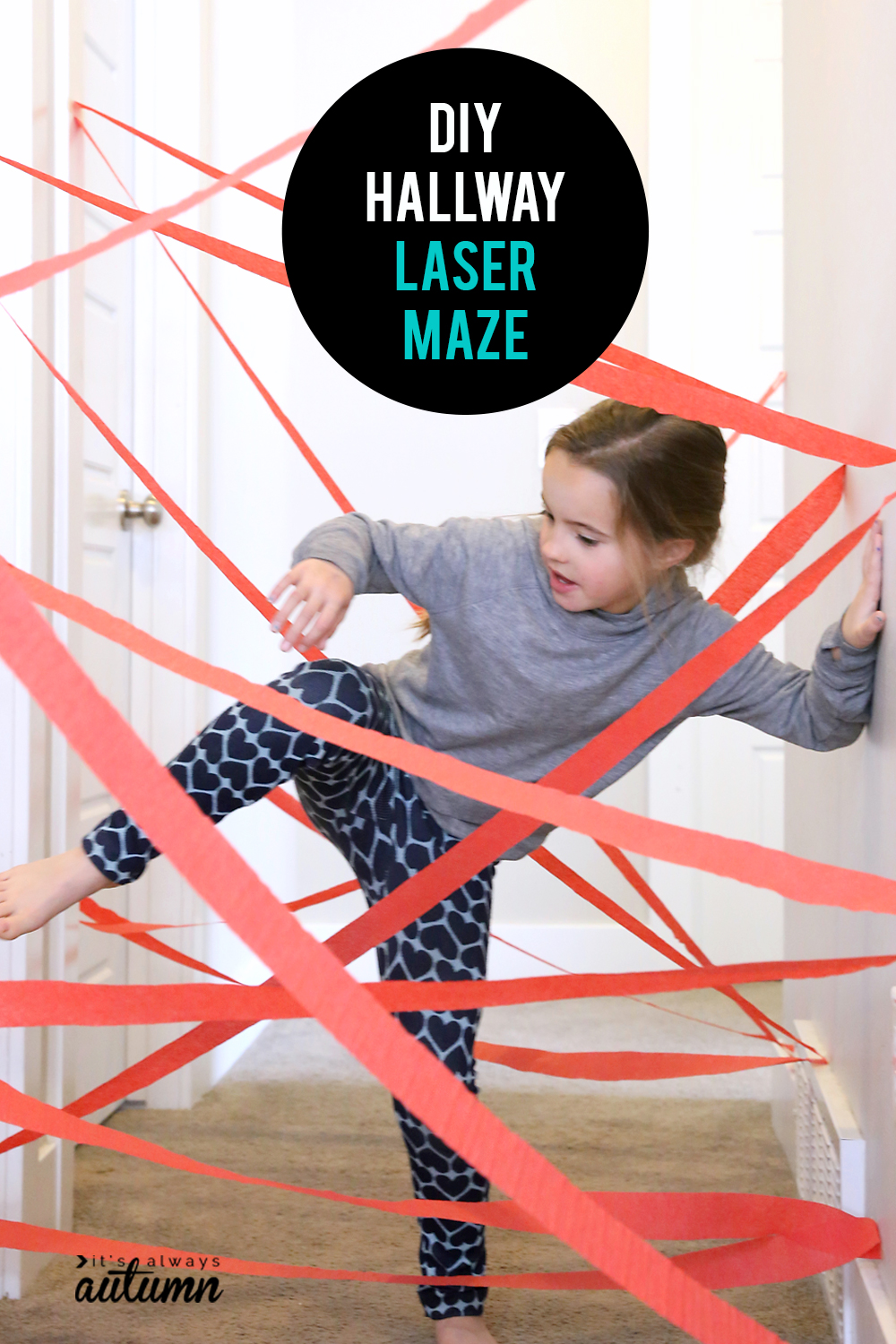 This DIY hallway laser maze is a fun, easy activity to set up for your kids. Perfect for rainy days!