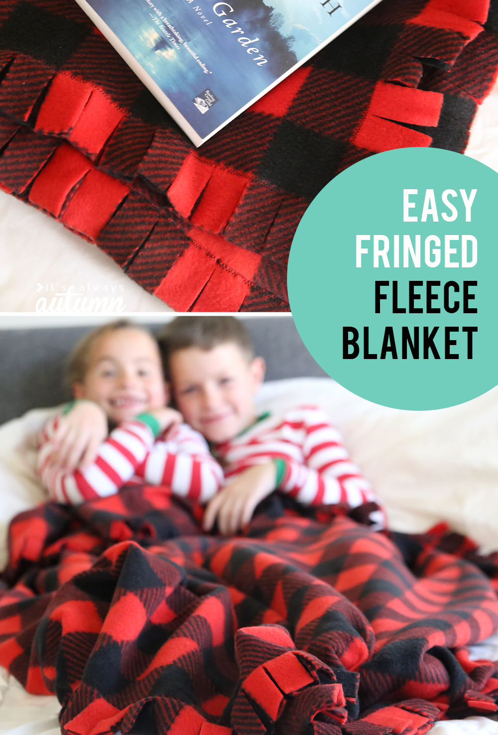 This fringed fleece blanket is easy to make and turns out so cute! Start making them now for Christmas. DIY gift idea.