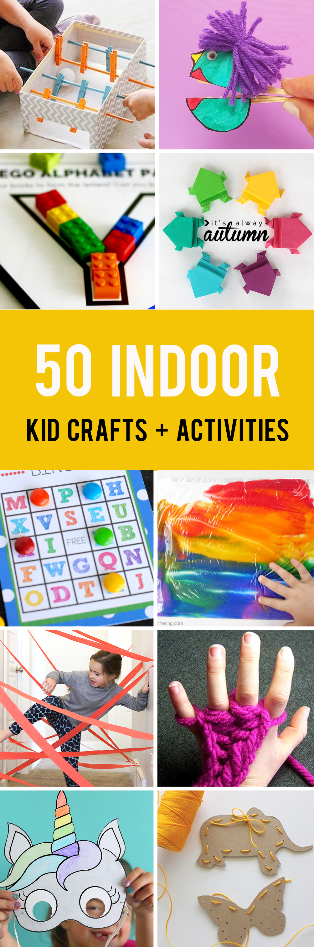 50 easy crafts and activities kids can do indoors! Perfect for cold or rainy days.