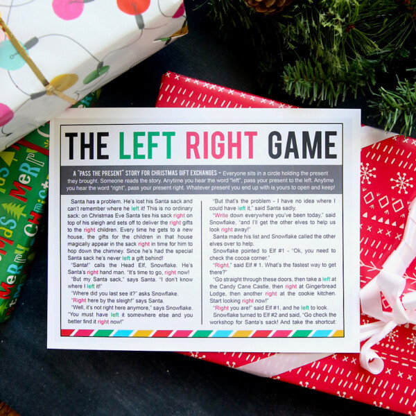 The Left Right Game story printable with a Christmas gift
