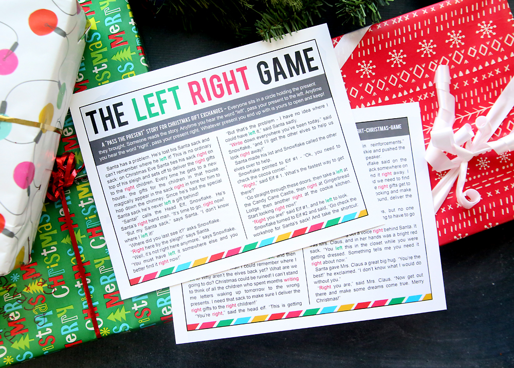 The Left Right Game story printable with Christmas gifts