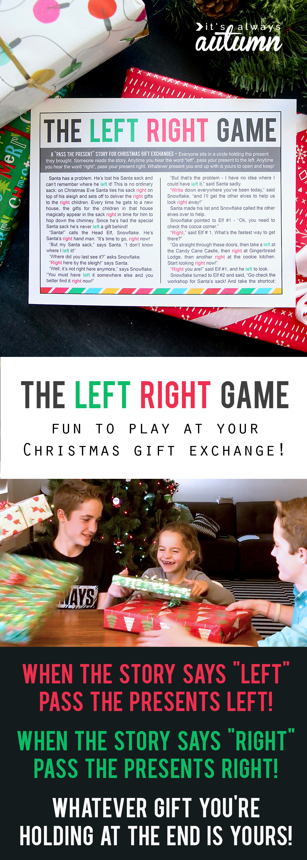 Left right game printable story and kids playing the left right game