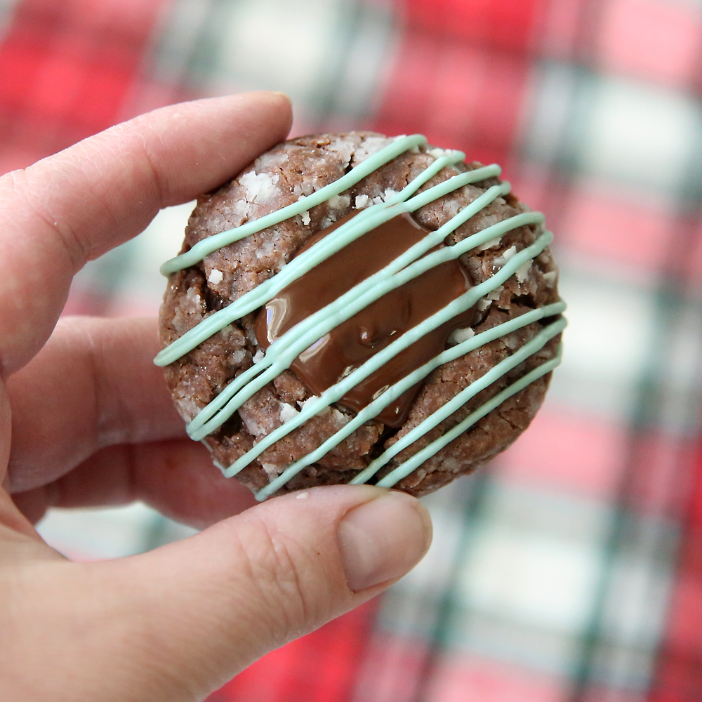 Hand holding a chocolate mint truffle gooey cookie