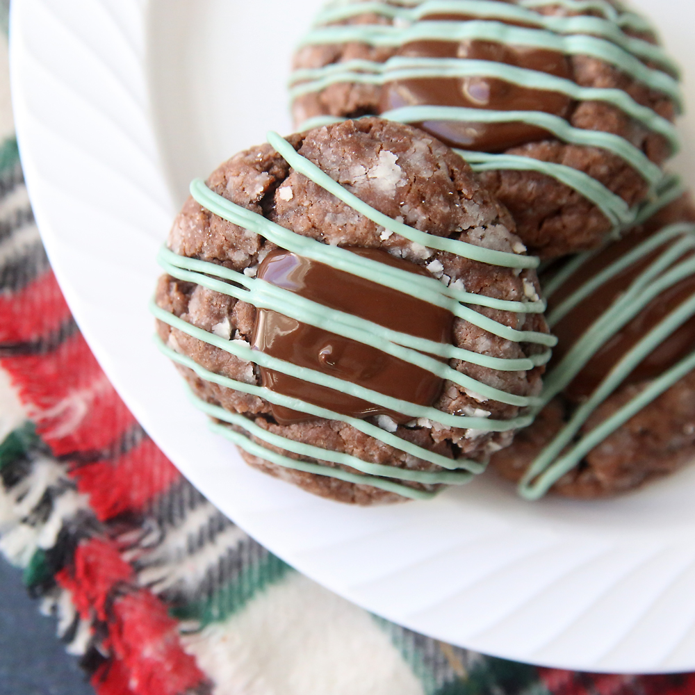 Chocolate mint truffle gooey cookies on a plate