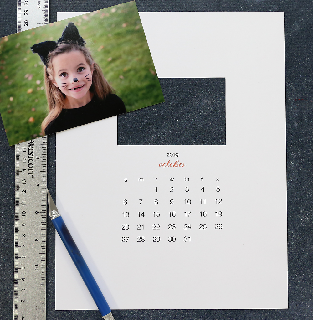 Printable calendar template, photo, ruler, exacto knife