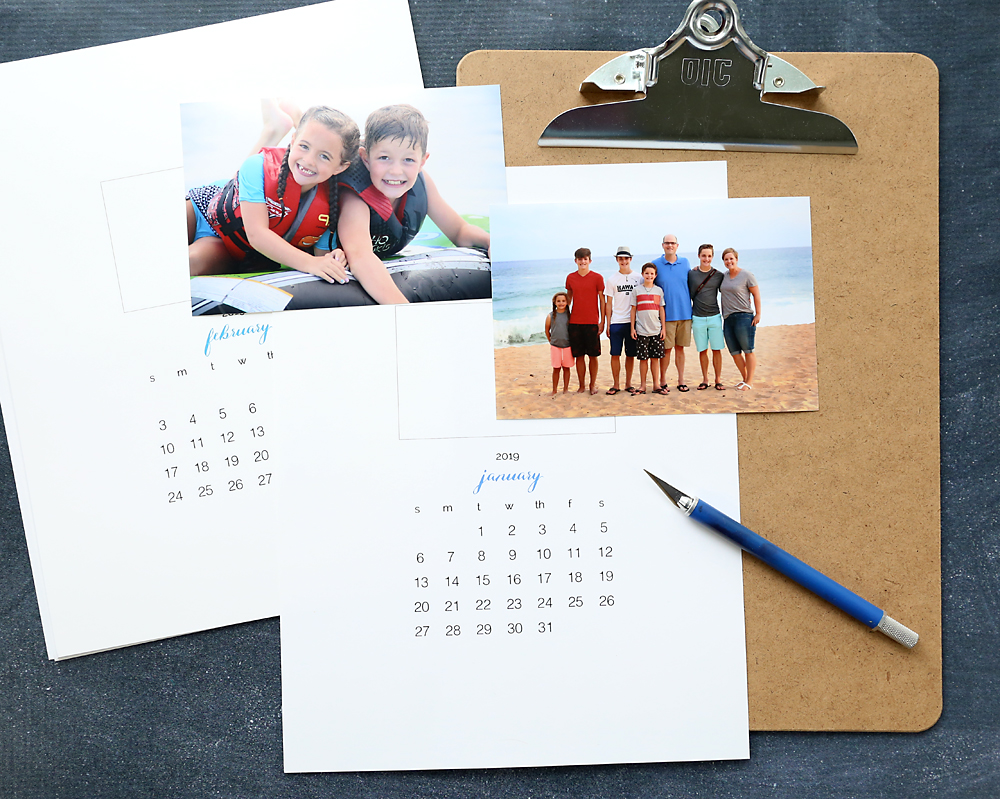 Printable photo calendar templates with exacto knife and photos
