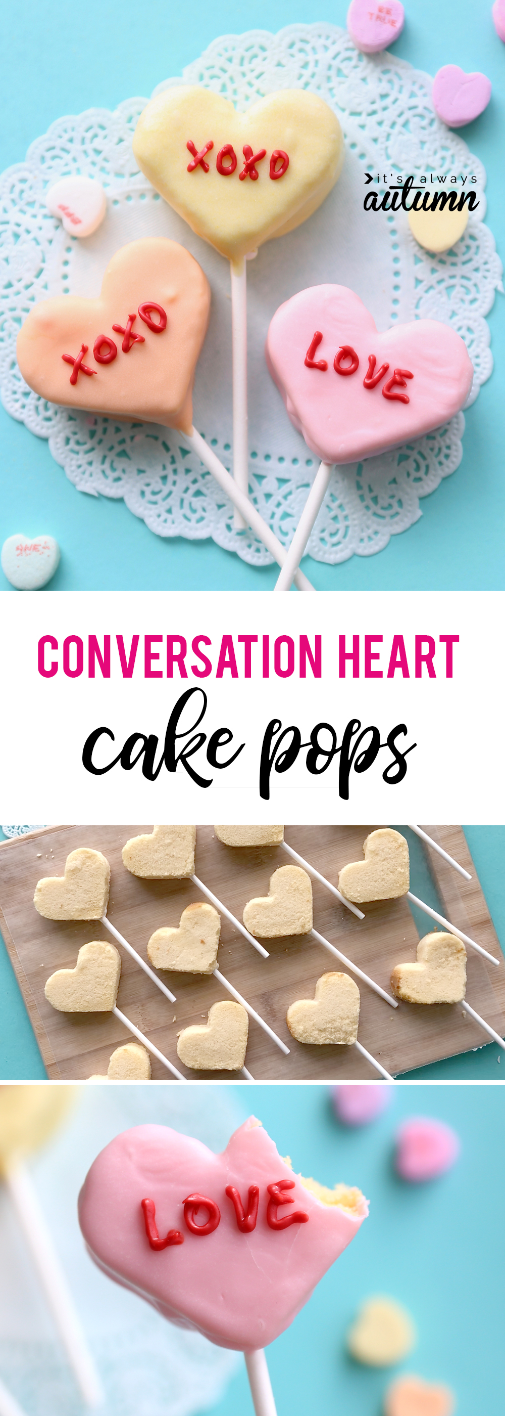 Cake pops decorated to look like conversation hearts