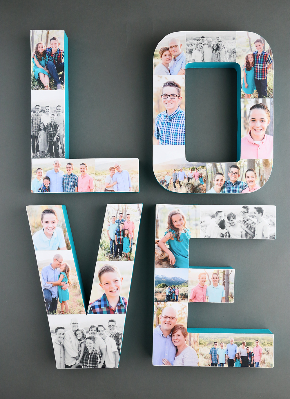 Paper mache letters \"LOVE\" that are covered in photos