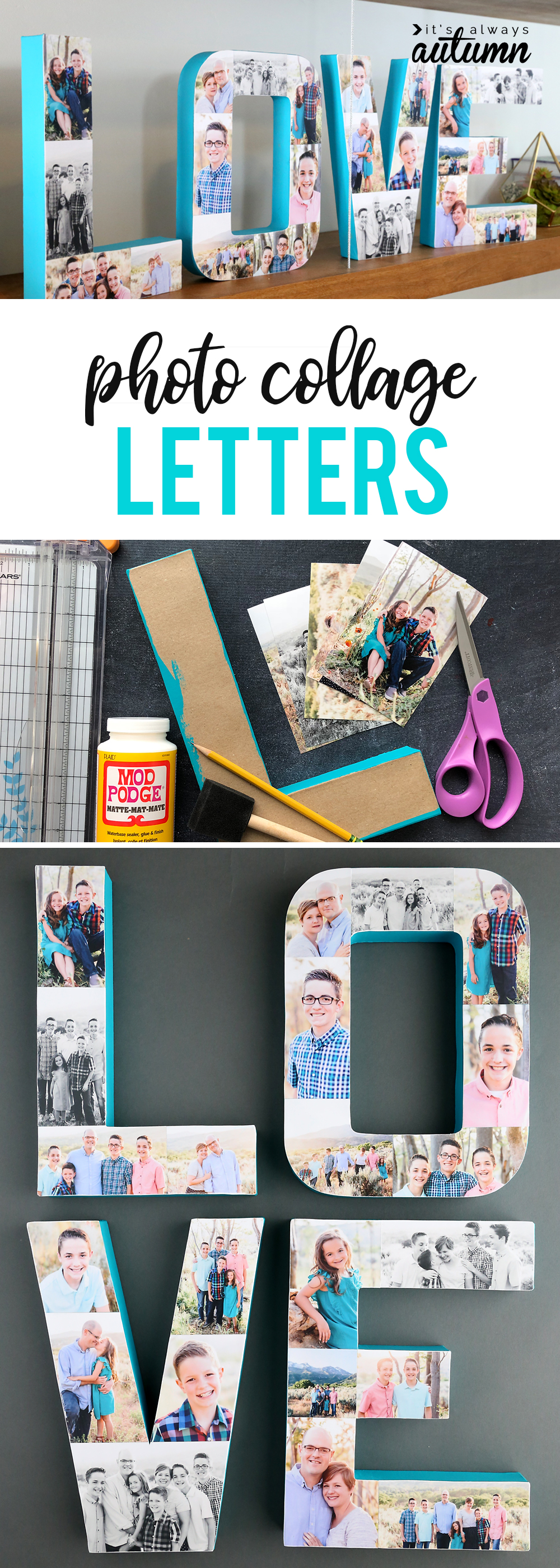 Collage: paper mache letters covered with photos, supplies for making photo letters