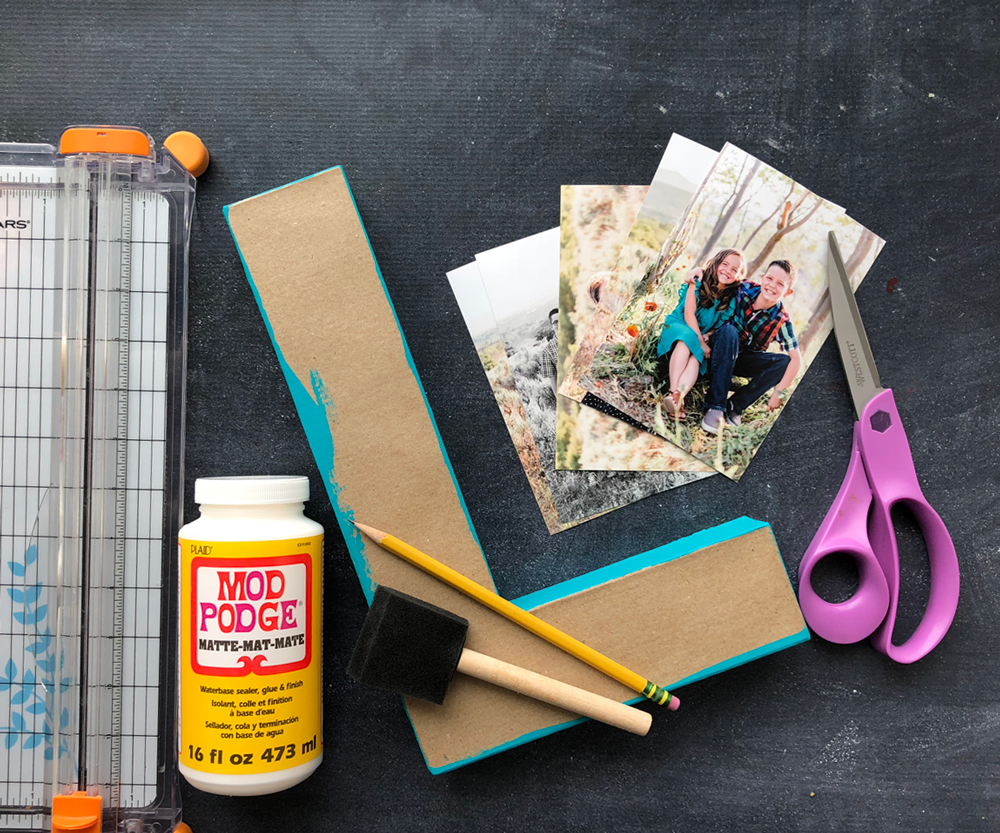 Supplies: paper trimmer, Mod podge, paper mache letter, photos, scissors, foam paint brush, pencil