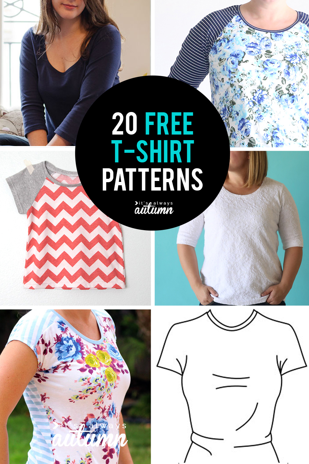 20 free t-shirt patterns in all sizes! Women, children, even one for men.