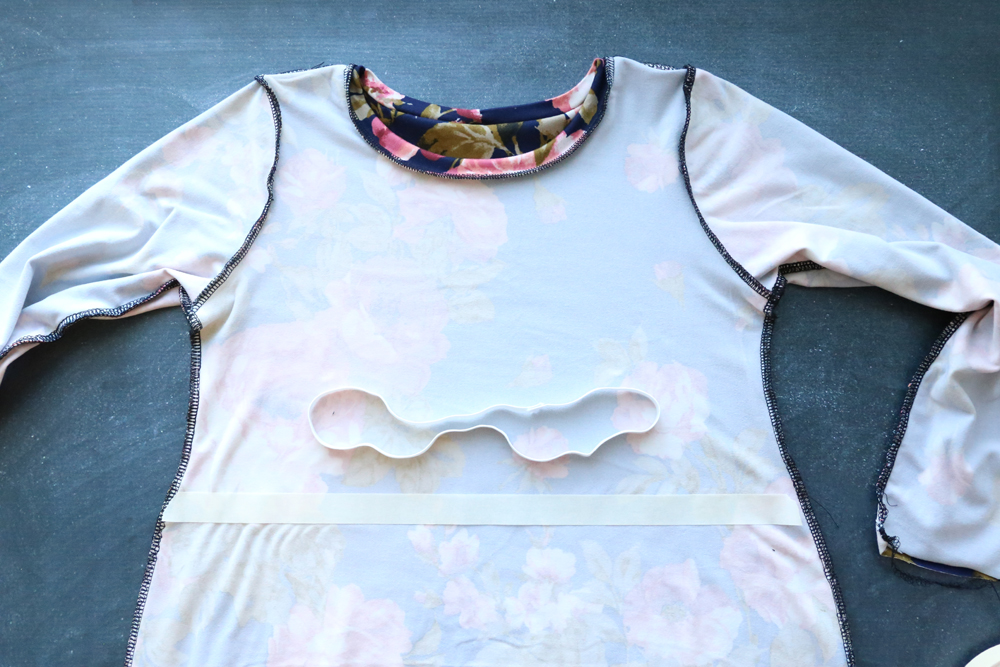 Dress turned inside out, with elastic marked at waist