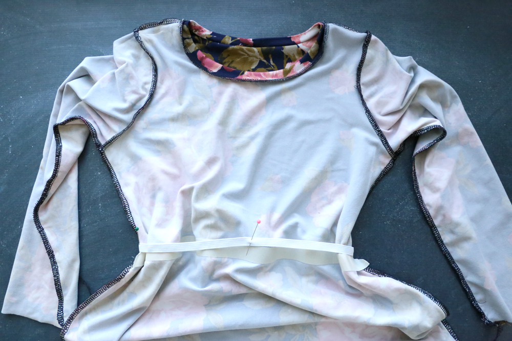 Dress turned inside out with elastic pinned around the waistline