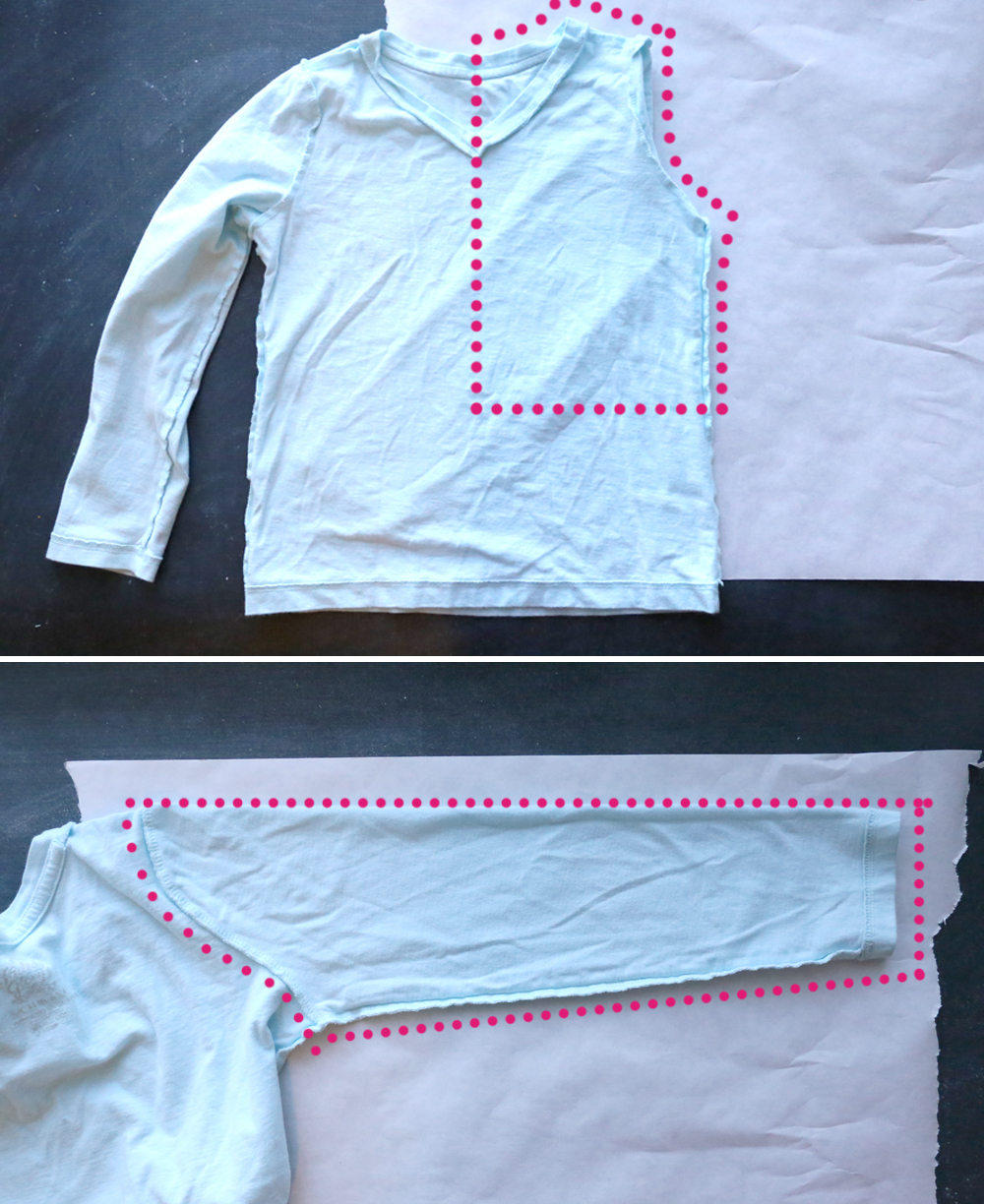 Pattern cutting diagram, using a t-shirt to cut a shirt piece and a sleeve piece