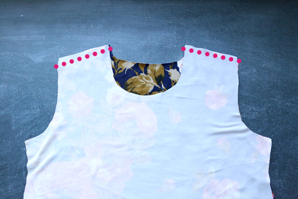 Front and back dress pieces with shoulder seam marked