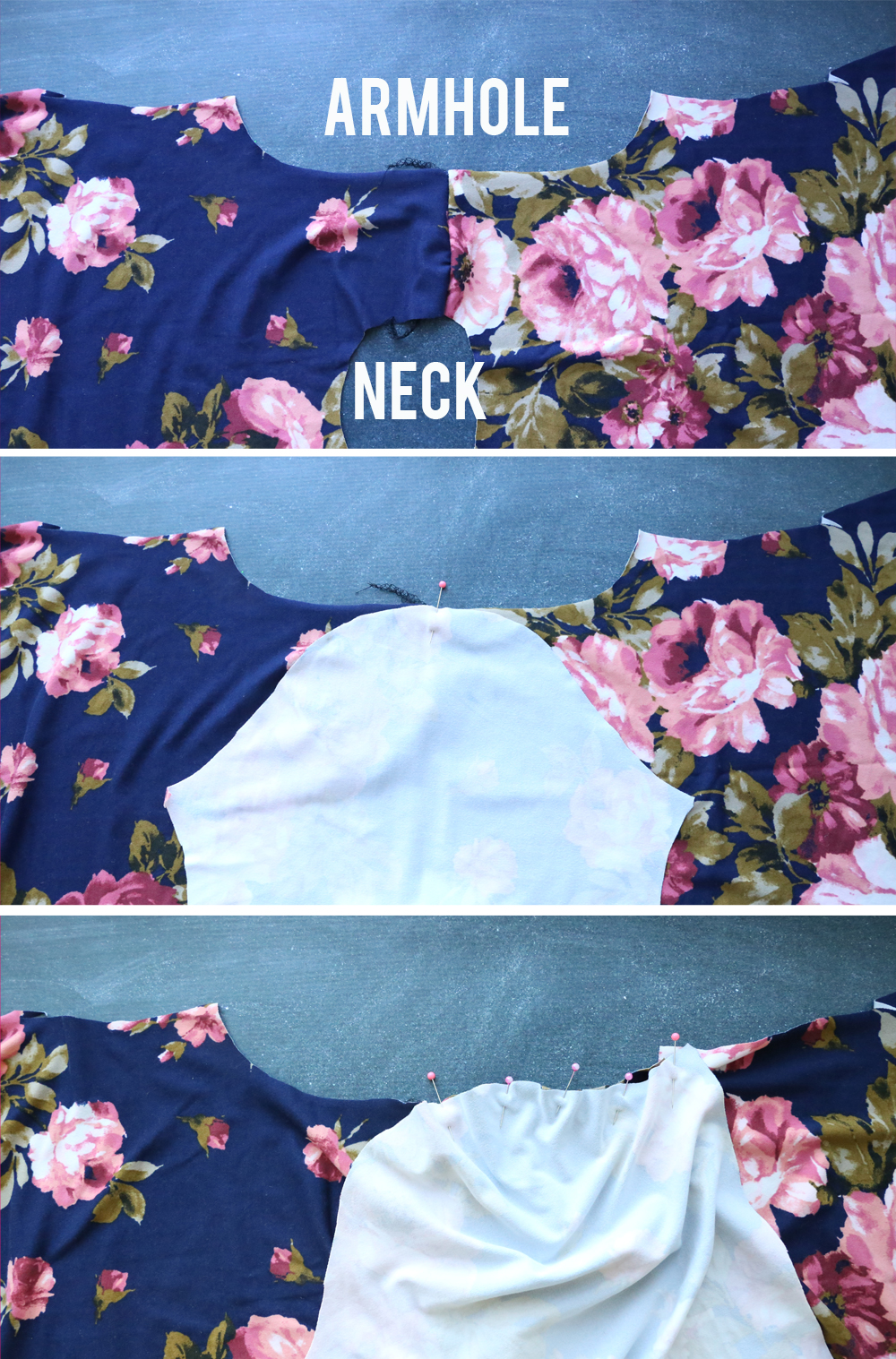 Dress opened at shoulder seam, with sleeve piece pinned into armscye