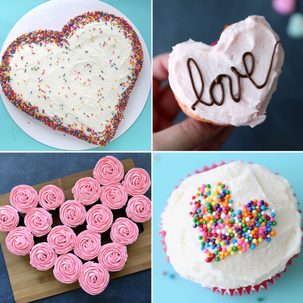 Four different heart shaped cakes for Valentine's day.