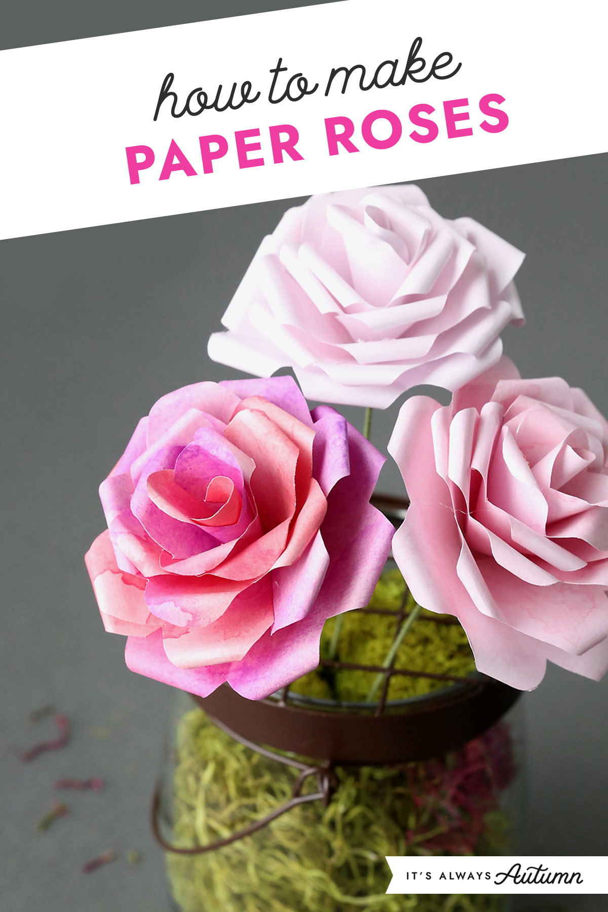How to make paper roses; three paper roses in a vase.