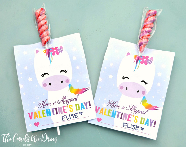 Printable Valentine\'s Day card with a unicorn on it and a sucker