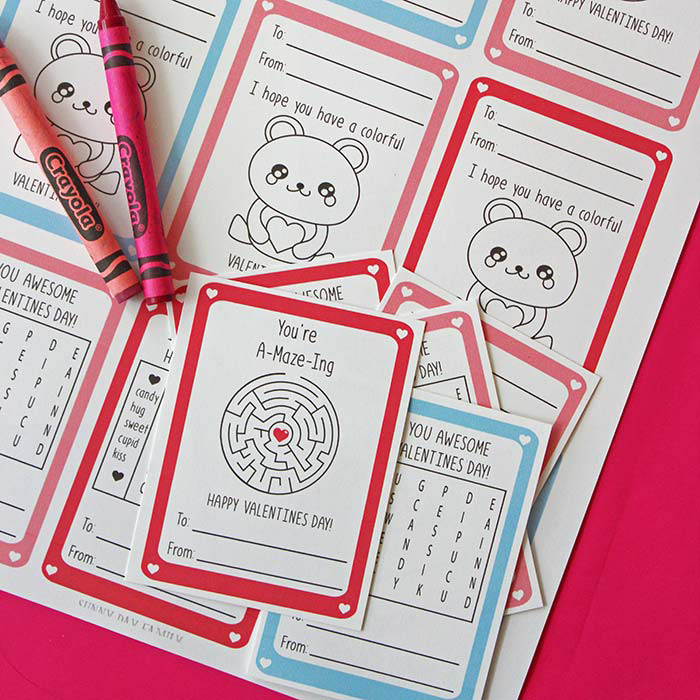 Printable Valentine\'s Day cards with maze and word search on them