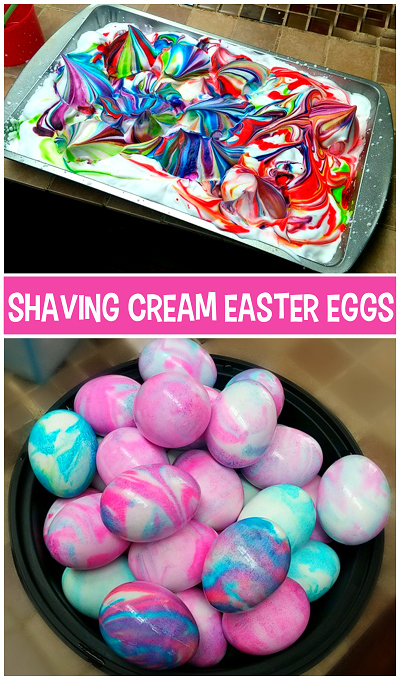 Shaving cream Easter eggs in pretty marbled pink and blue colors