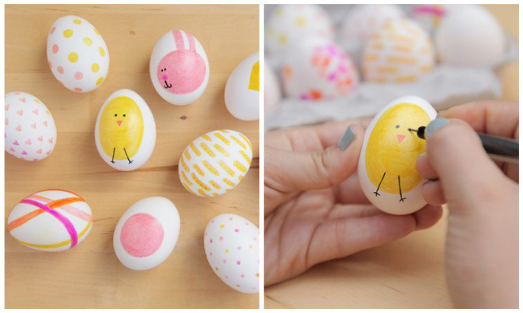 Easter eggs with bunnies and chicks drawn on them in marker