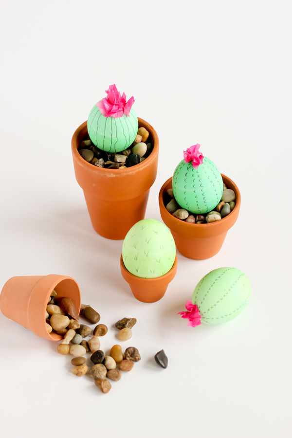Egg decorating idea: easter eggs decorated to look like cactus in a pot