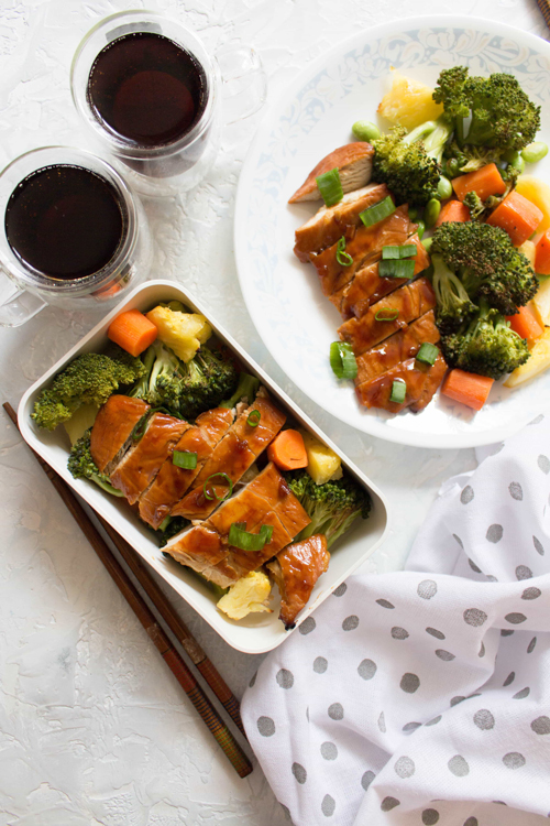 Teriyaki chicken and vegetables on a plate