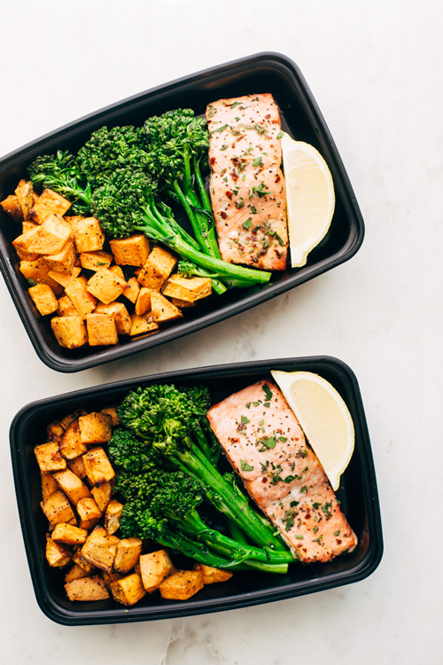 Lemon roasted salmon with broccoli and roasted potatoes in meal prep containers