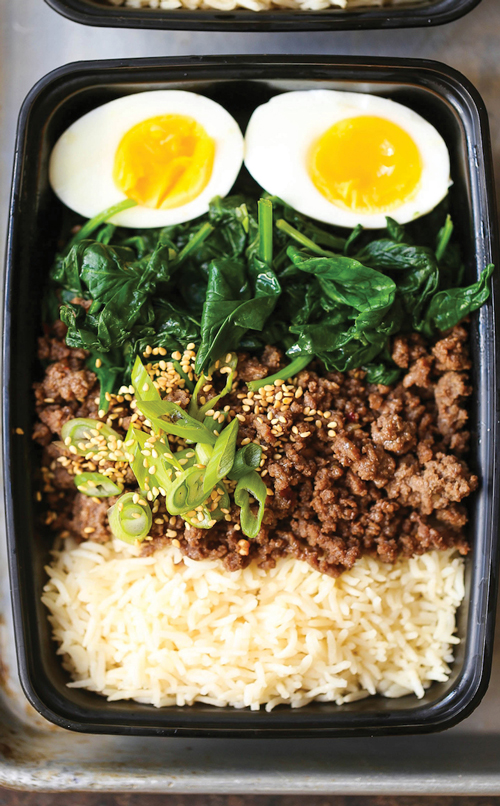 Korean beef bowl with beef, rice, greens and hardboiled egg