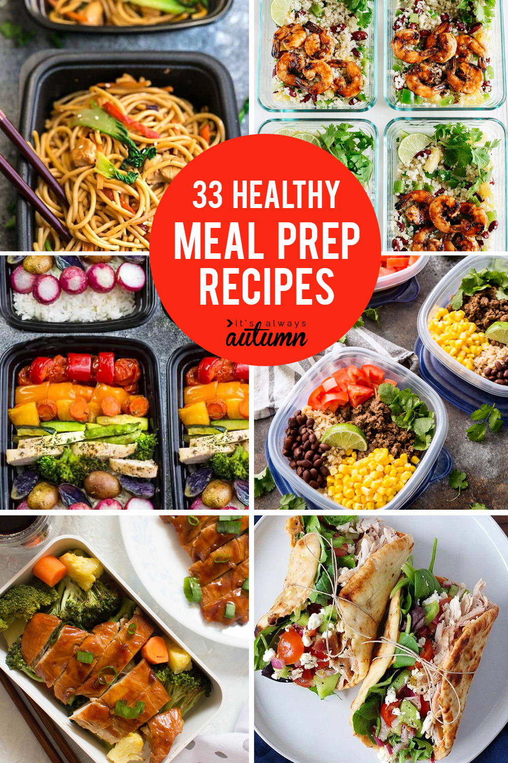 Collage photo of different healthy meal prep recipes