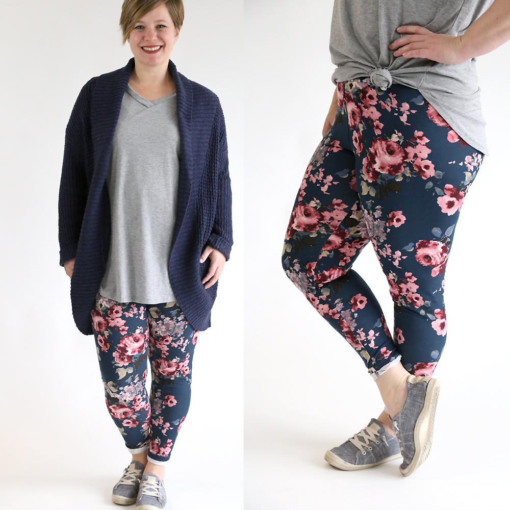 A woman wearing soft floral leggings made from a sewing pattern