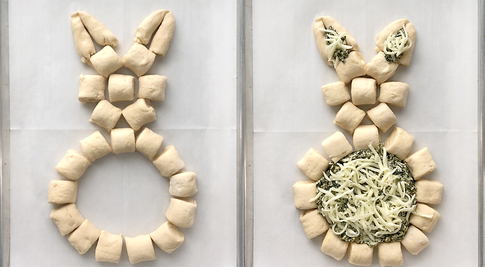 Crescent dough pieces formed into bunny shape, with spinach dip placed in the center
