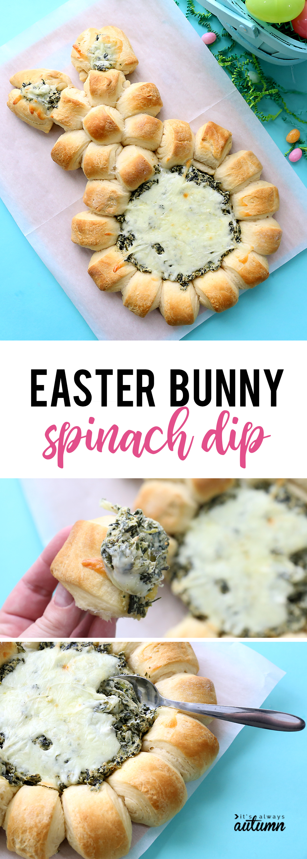 Easter bunny spinach dip appetizer, made with rolls in a bunny shape with spinach dip in the center