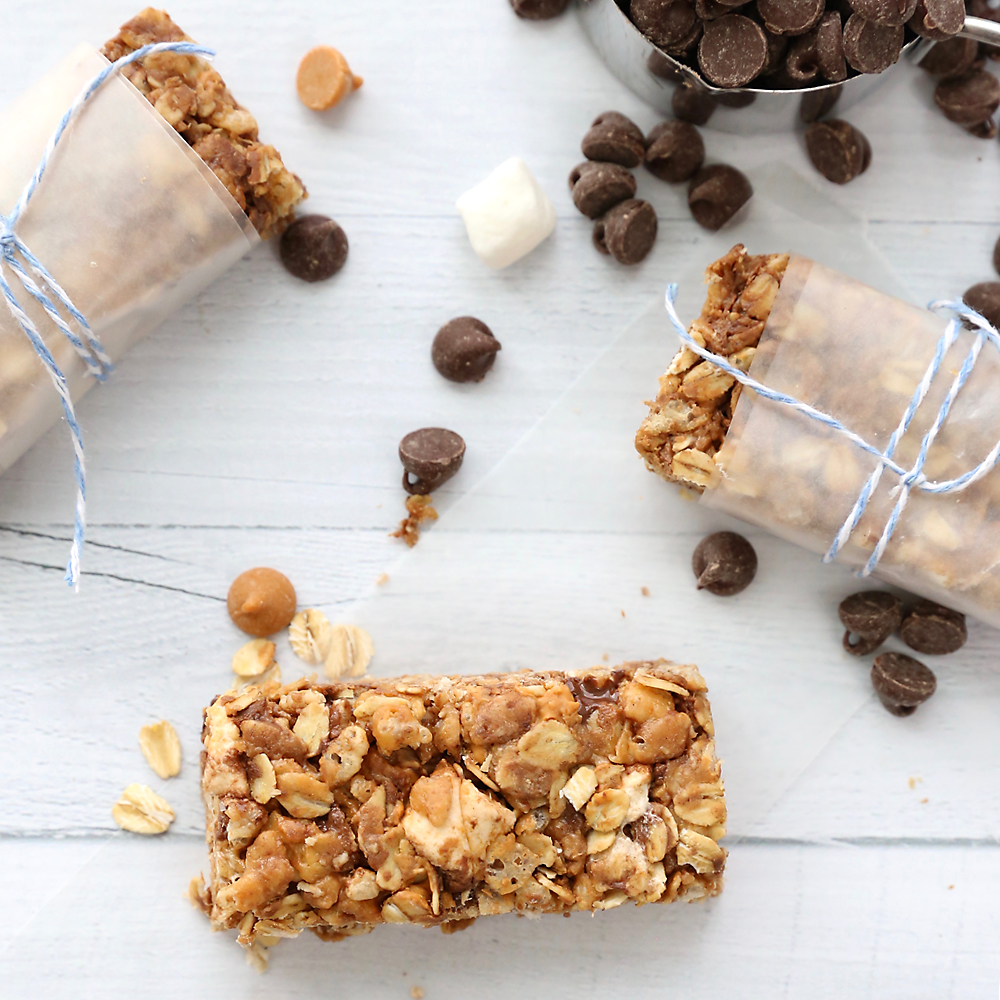 Homemade chewy chocolate granola bars with marshmallows