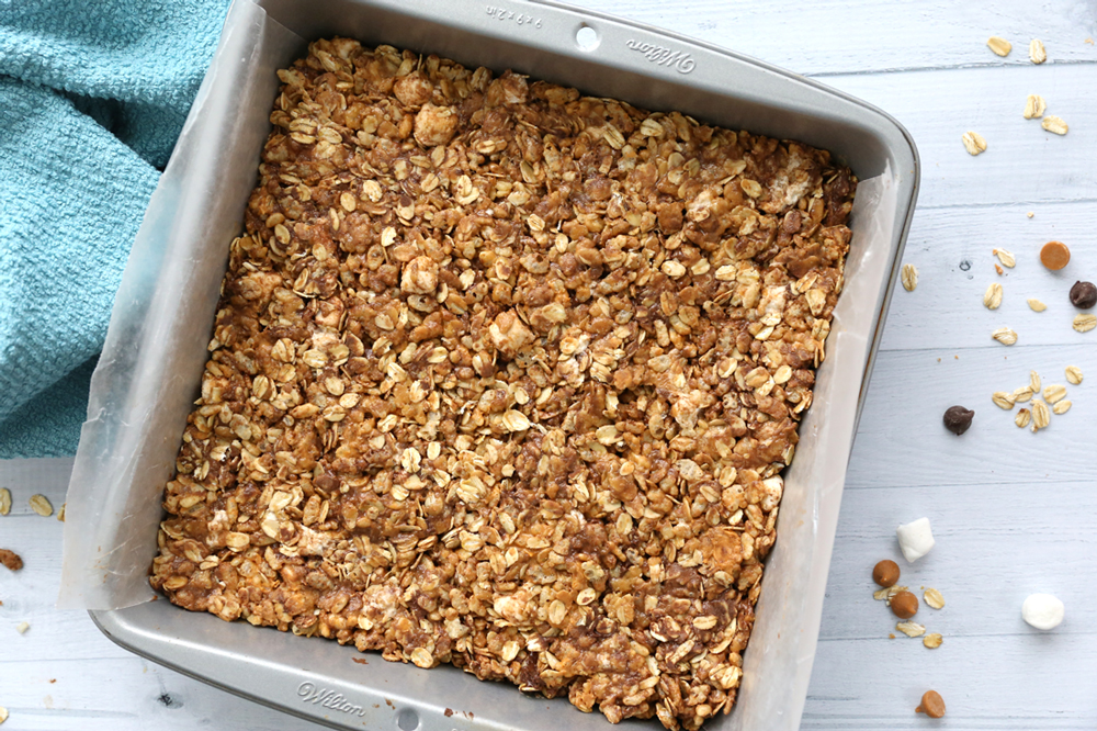 A 9x9 metal pan filled with homemade granola bars