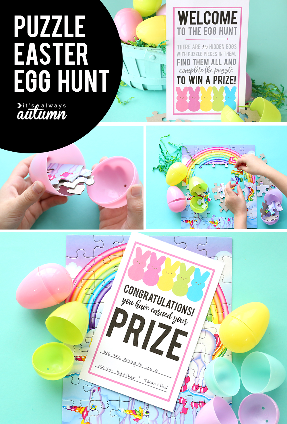 Puzzle Easter egg hunt printable instructions, kid finding puzzle pieces in eggs, hands putting together puzzle to receive prize