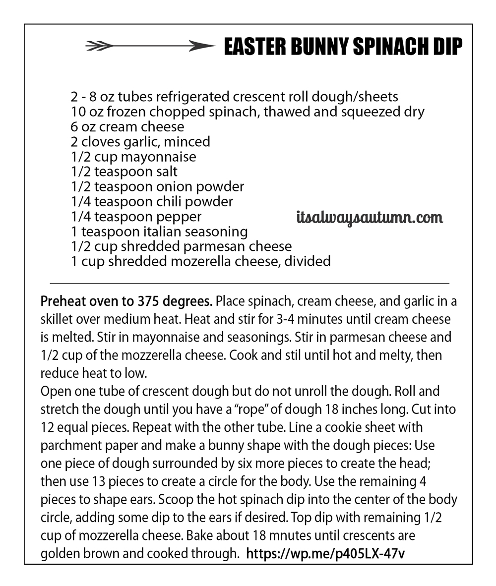 Easter bunny spinach dip recipe card