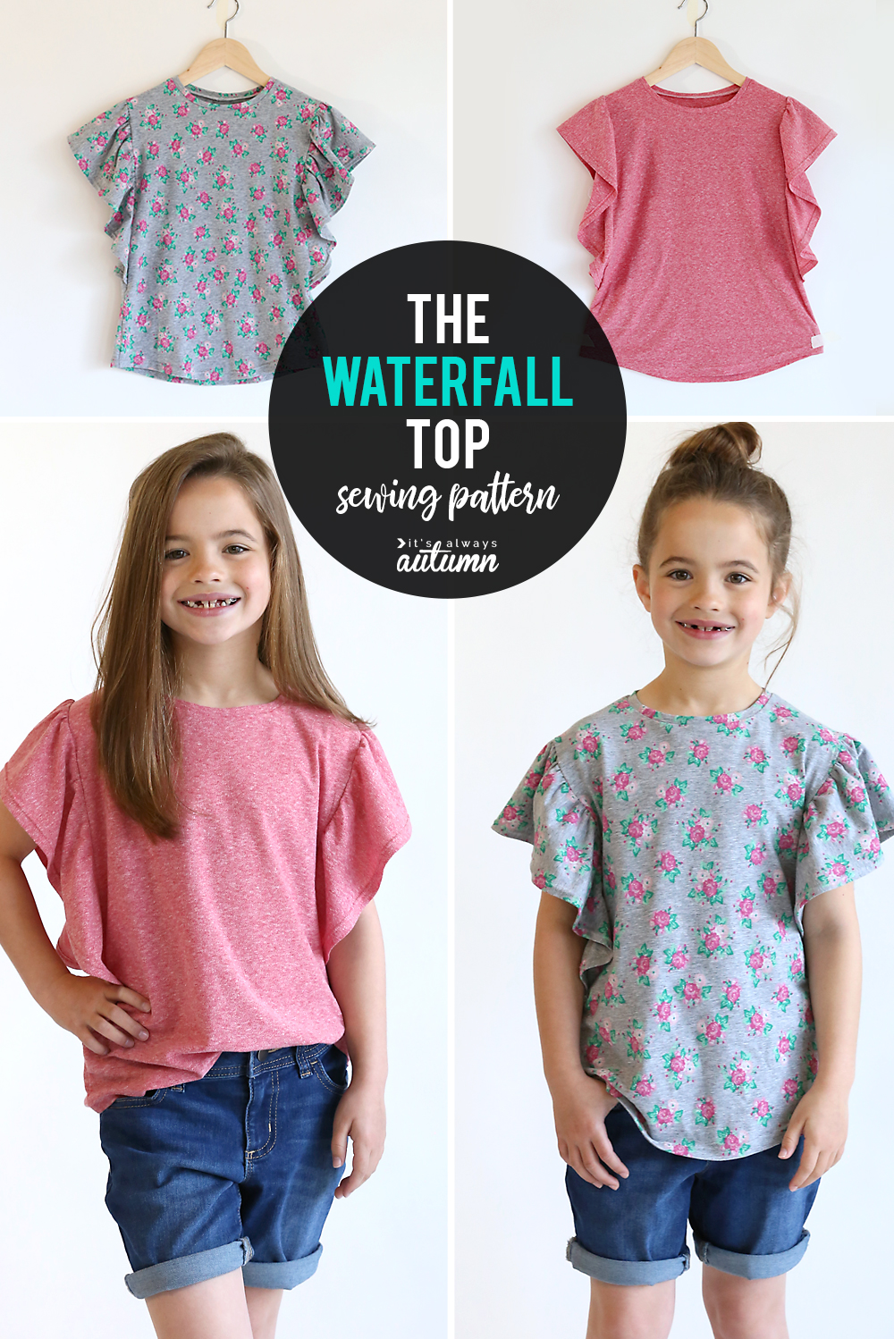 Girl wearing the waterfall top made from a free sewing pattern