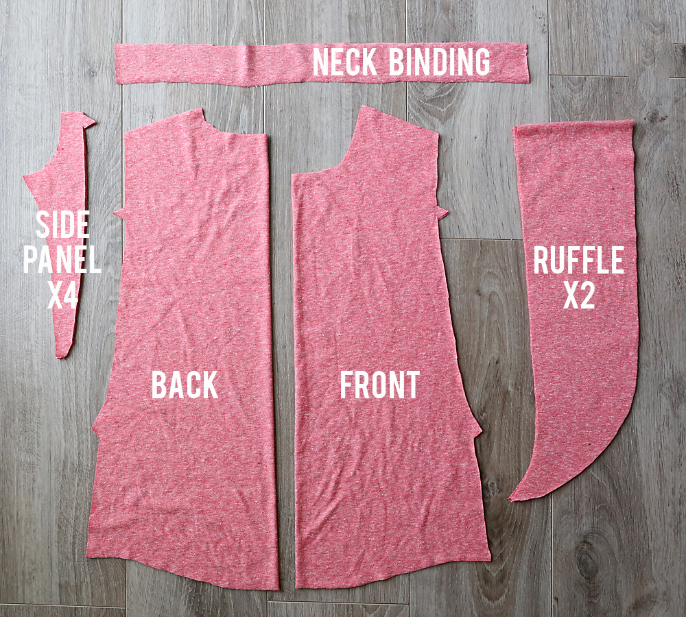 Waterfall top pattern pieces: neckbinding, side panel, shirt front, shirt back, ruffle