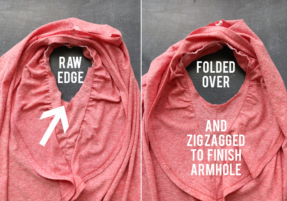 Raw edges of underarm folded over and zigzagged to finish armhole