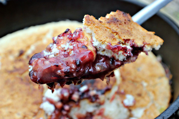 Blackberry cobbler in a dutch oven camping food