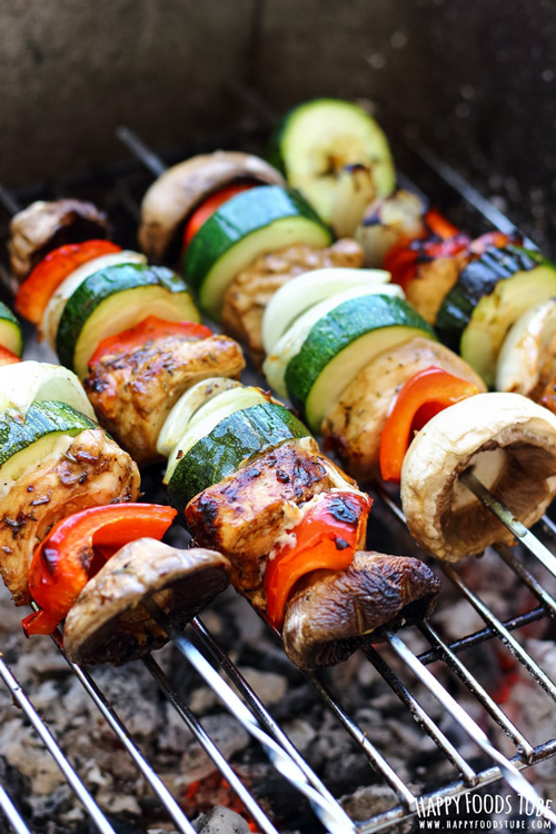 Vegetable kabobs on a grill