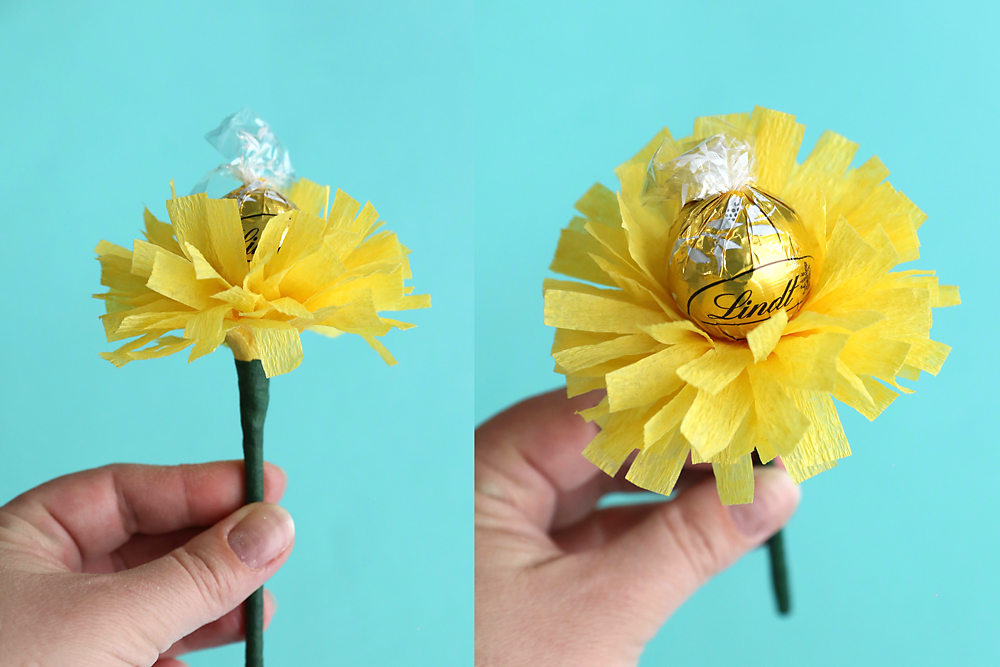 A paper flower made with fringed crepe paper and a chocolate in the center