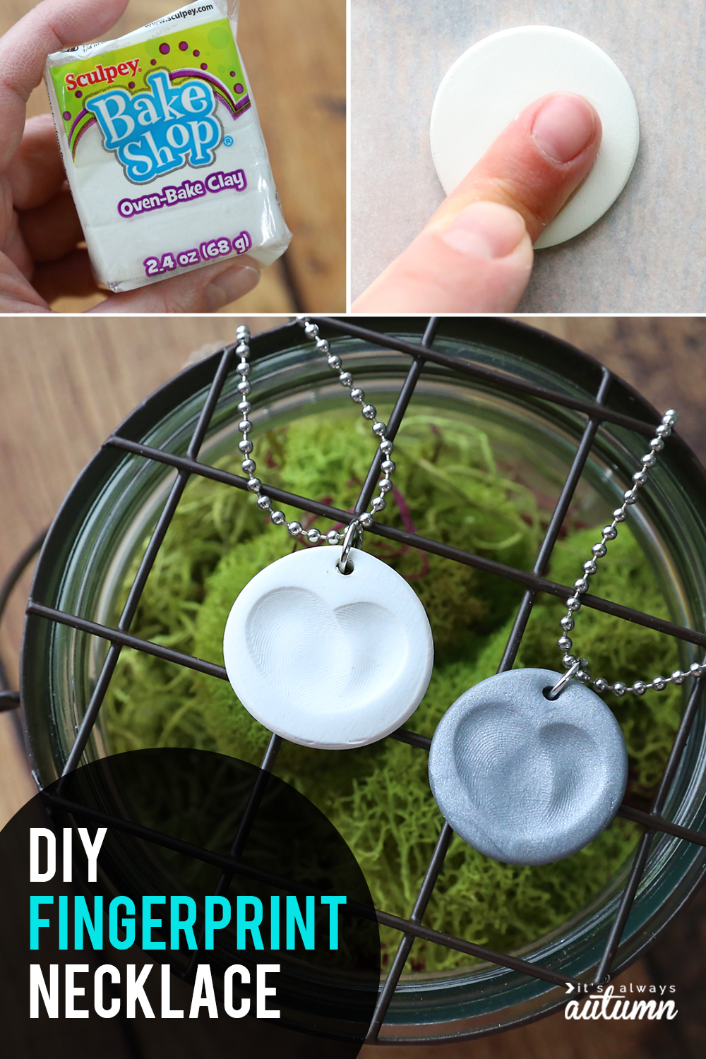 Small clay circles with fingerprints that form a heart made into necklaces