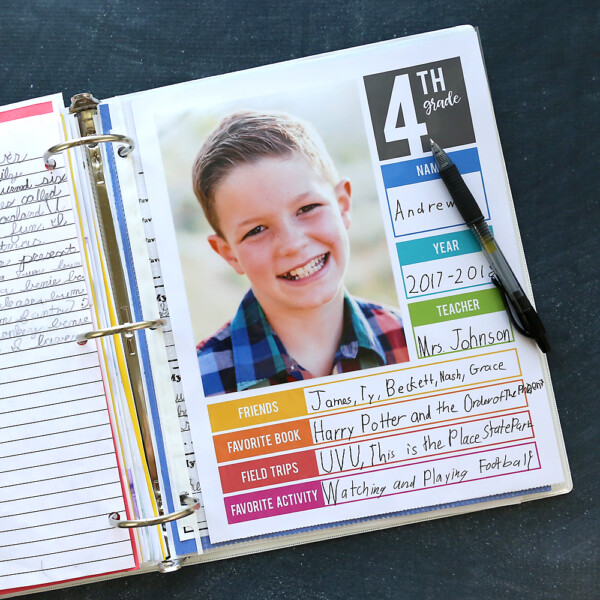 Page in a binder with school photo and information about 4th grade